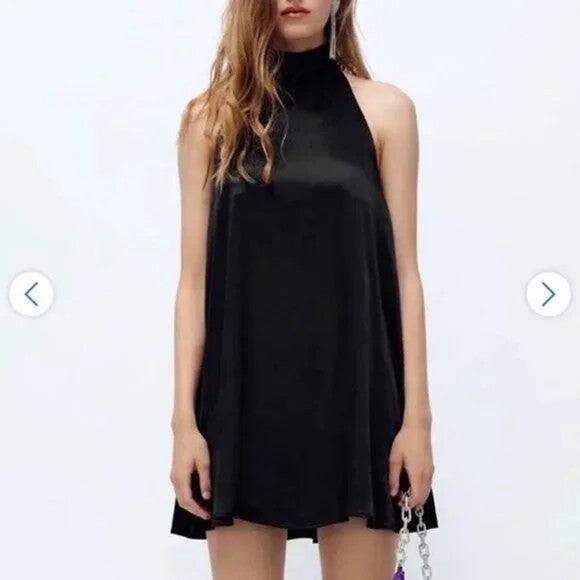 ZARA Mini Satin Halter Dress - M Black - Picture 2 of 5
